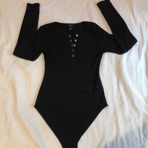 Ribbed Forever 21 Long Sleeved Henley Bodysuit